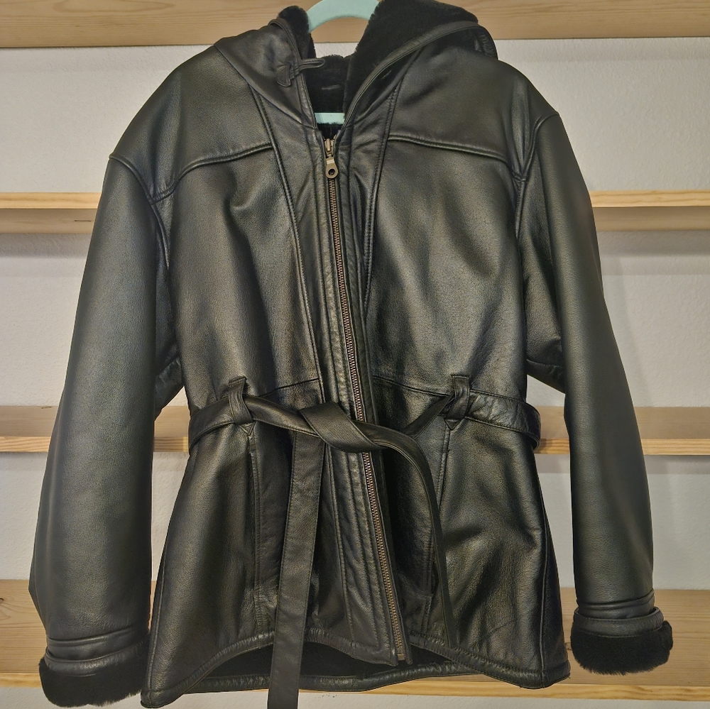 Wilsons Leather Black Hooded Belted Faux Leather Jacket